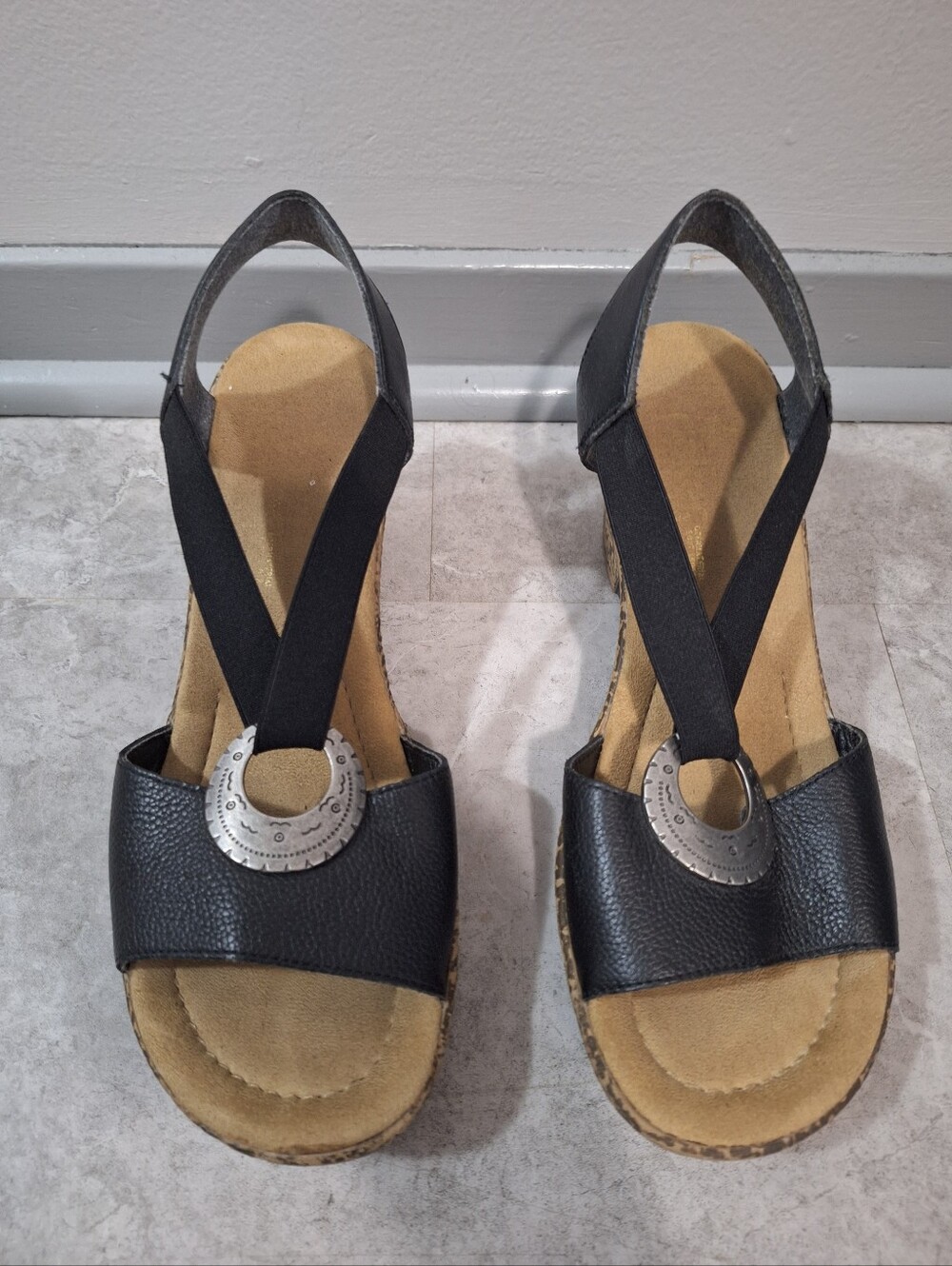 Rieker Black Slingback Comfort Wedge Sandals with Decorative Medallion Size 10